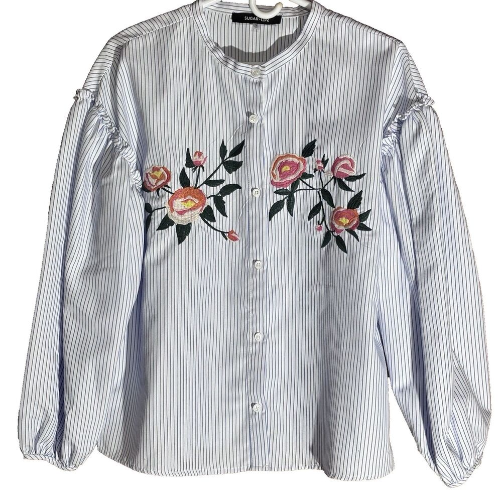Sugar + Lipz Embroidered Floral Stripe Blouse Puff Sleeve Boho Top Medium Spring